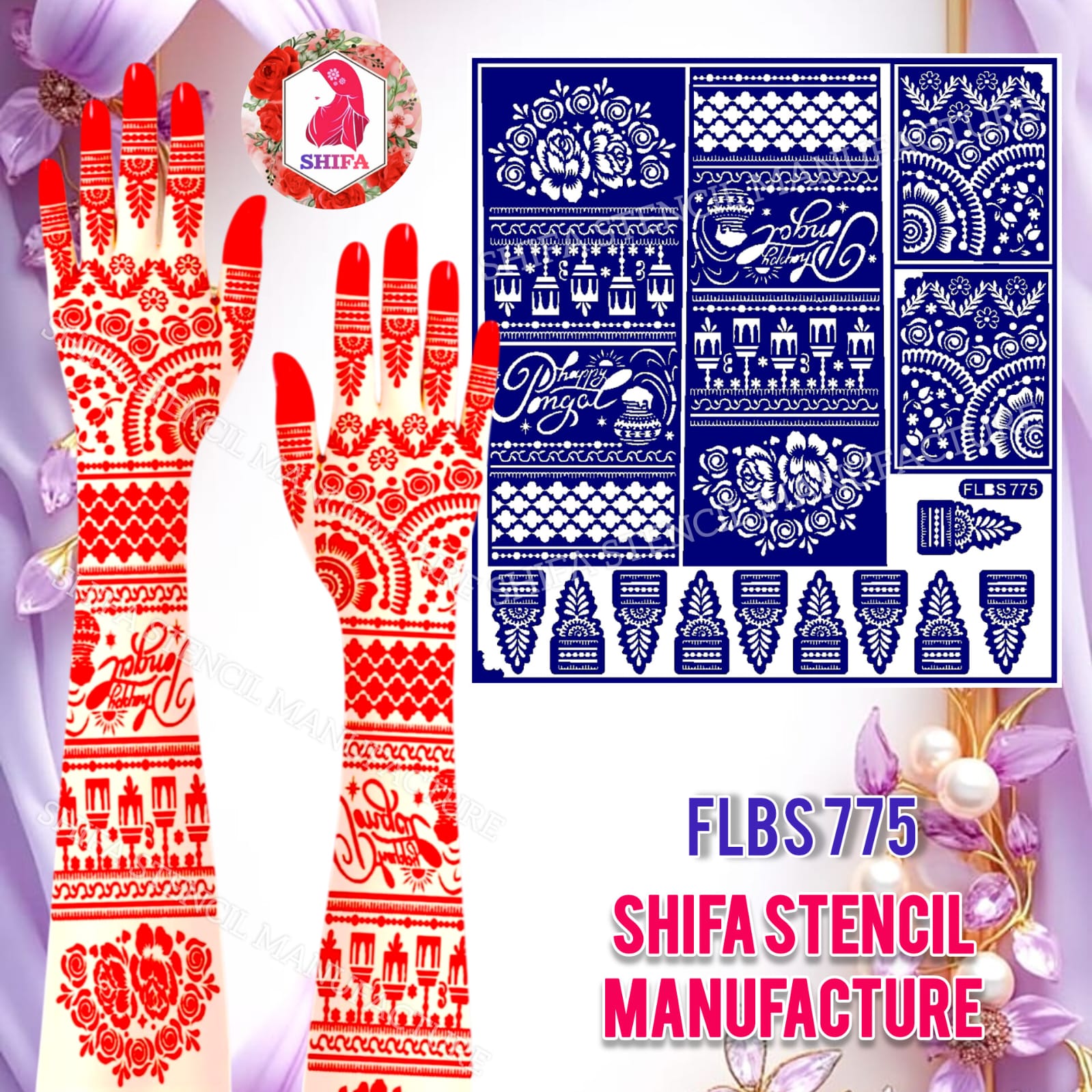 FLBS 775 Pongal Celebration Hand Art Sticker overview Henna Stencil - Shifa Stencil